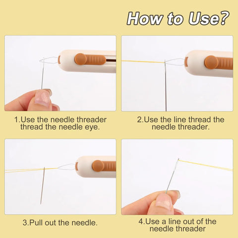 Instructional steps for using 3 In 1 Sewing Needle Threader Kit With Seam Ripper And Needle Storage Auto Threader That Grabs Threads Fast