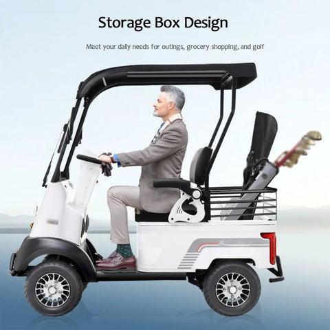 Road Ready Premium Electric Mobility Scooter For Adults With Kick Ass 800W Brushless Motor And 12 Mph Max Speed showing side view with storage box.
