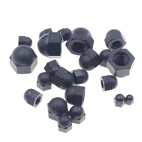 Nylon Acorn Hex Cap Nuts Assortment Kit in Metric Sizes M3 M4 M5 M6 M8 M10 Black Finish Smooth Rounded Head Coarse Thread