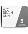 Knock The Gunk Right Out Of Your AC System With This Tough CO2 Drain Gun Packing A Flexible Hose And Five Punchy Cartridges For No Sweat HVAC Cleanup And Smooth Cooling Performance Anytime, A/C Drain Gun packaging featuring five CO2 cartridges.