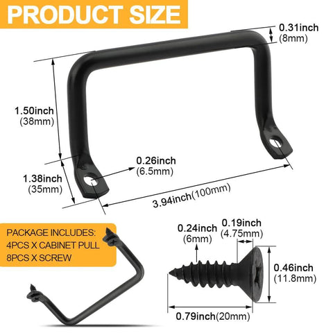 Product size diagram of Matte Black 4 Inch Cabinet Pulls 4 Pack With Screws Modern Iron Drawer Handles showing dimensions and included screws.
