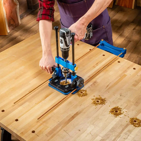 Edge Guide Drill Jig for consistent edge distance holes in use on a workbench, creating shelf pin holes with a drill.
