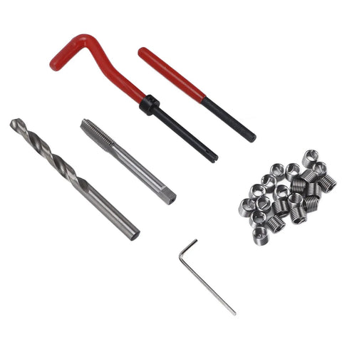 Thread Repair Kit M8x1 25mm With Coil Inserts, Drill Bit, And Hex Wrench, DIY Ready Tool Set For Stripped Threads, Auto Repair, Machinery Maintenance Now. M8x1 steel thread repair kit with drill bit, tap, hex wrench, and coil inserts