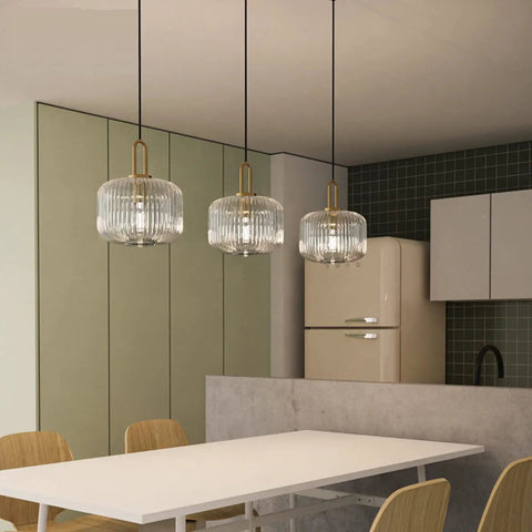 Rad Industrial Vintage Pendant Light With Ribbed Glass Shade And Bronze Finish For Bedside, Dining Table Or Kitchen Island, Modern Retro Ceiling Fixture, Three Shade Sizes, 47 Inch Cord, Transparent 7.9 Inch Diameter