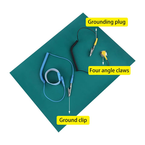 Anti Static Mat Set With Wrist Strap And Grounding Wire For Electronics Repair ESD Protection on a green surface with labeled components