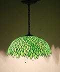 Showpiece Tiffany Style Pendant Light Fixture With Green Wisteria Stained Glass, 16 Inch Wide Shade, 40 Inch Overall Height Hanging Lamp