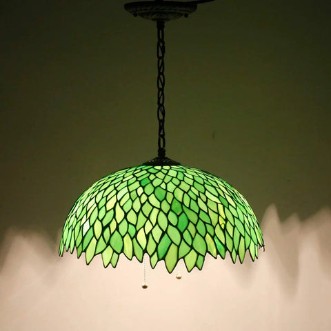 Showpiece Tiffany Style Pendant Light Fixture With Green Wisteria Stained Glass, 16 Inch Wide Shade, 40 Inch Overall Height Hanging Lamp