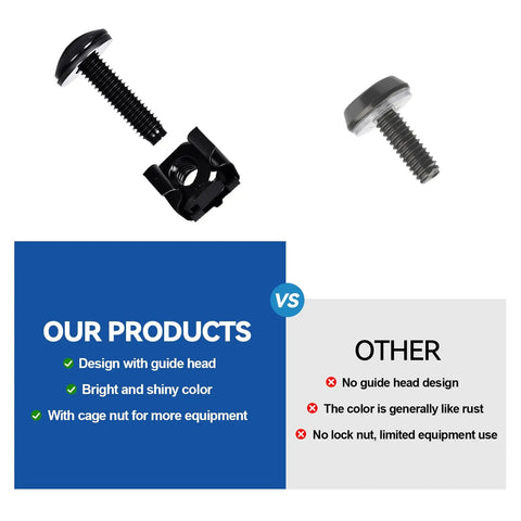 Heavy Duty 10/32 Thread Rack Screws With Snap In Cage Nuts And Nylon Washers For Server Racks Network Gear And Audio Cabinets showcased with black coating and guide head design.