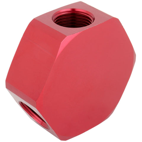 Red three-port Three In One Three Eighths Inch FNPT Hose Manifold for air compressors and pneumatic systems, angled view.