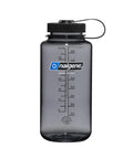 Rugged 32 Oz Wide Mouth Reusable Water Bottle With Tight Seal Black Lid, clear measurement markings for travel and workout.
