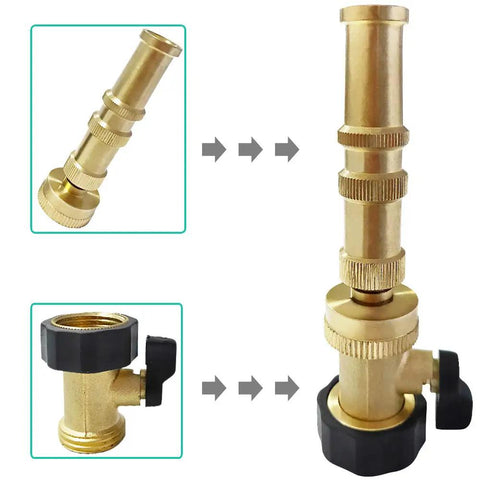 Heavy Duty Brass Garden Hose Shut Off Valve Set With 2 Valves And 4 Extra Washers Solid Brass One Way Connector Easy Hand Tighten On Off No Leaks No Fuss Three Quarter Inch GHT Thread For Lawn Garden And Pressure Washing, featuring close-up view and assembled valves