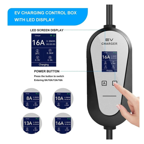 Sweet Portable EV Charger Type Two Type One SAE J1772 Level Two Mobile EVSE with LED display and power button for charging settings.