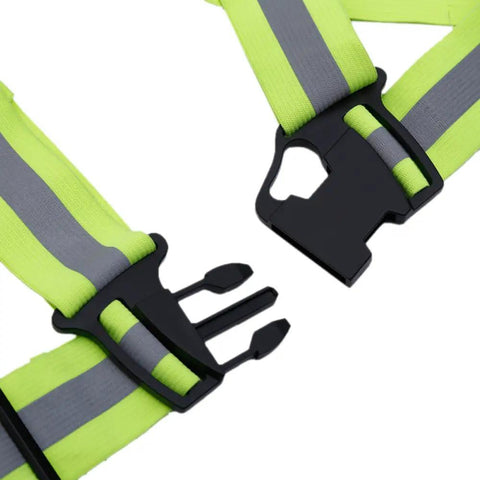 Close-up of buckle on High Visibility Reflective Running Vest Pack of 10 Neon Yellow Lightweight Adjustable Be Seen Safely Outdoors