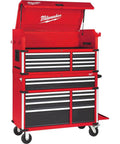 Real Deal Heavy Workhorse Steel Tool Chest And Cabinet Combo With Eighteen Deep Drawers Practical Peg Board Panel And Heavy Duty Casters For Garage Shop Storage That Gets Things Done, red steel toolbox with deep drawers.
