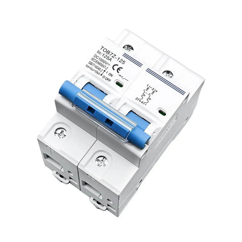 Top Tier Heavy Duty 2 Pole 1000V DC MCB Main Circuit Breaker For Solar And RV Systems 80A 100A 125A with blue toggle switch view.