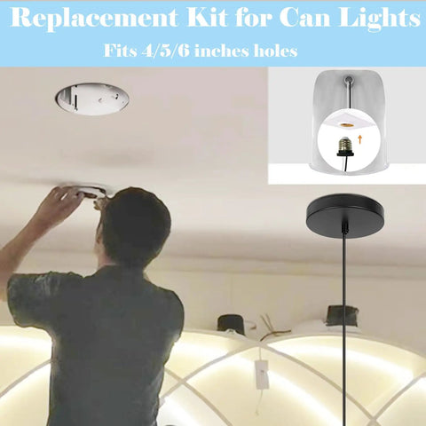 Image of Kiven Instant Light Conversion Kit for 4/5/6inch Hole, showing installation process for metal farmhouse lighting.