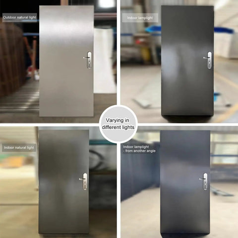 Quick Mount Steel Security Door With Frame And Hardware Gray Left Side Hinged Inward Swing Adjustable viewed in different light settings