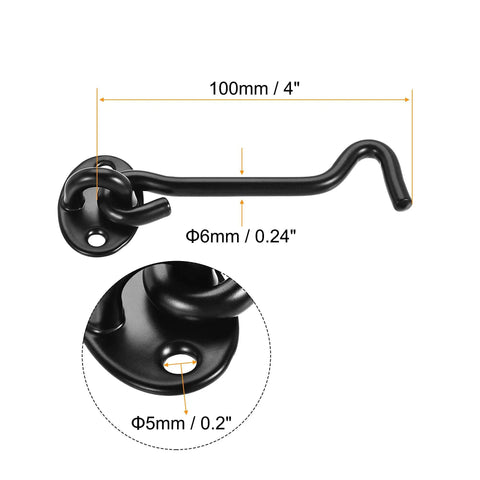 Gate Hook Latch Cabin 201 Spring Catch for Door Window with Screws, black metal hook 100mm, 6mm diameter.