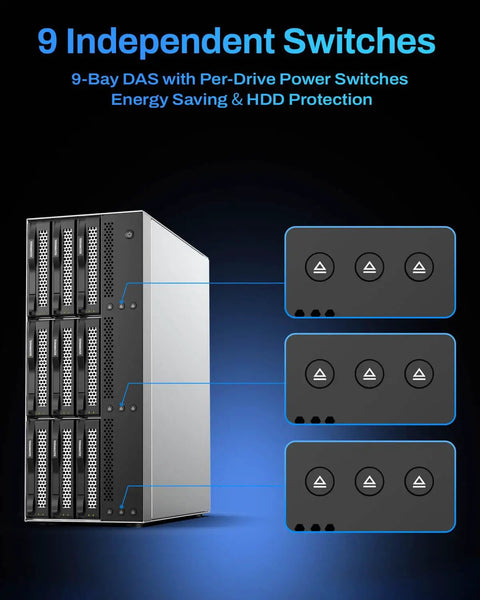 Plug Straight Into Legit Heavy Duty Storage With This Nine Bay External Hard Drive Enclosure featuring independent power switches for each bay.