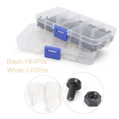 300Pcs M3 Nylon Hex Spacers, Standoffs, Screws, and Nuts Assortment Kit in Black and White, Varied Lengths for DIY Electronics Projects, Durable Nylon Construction and Anti Corrosion Hardware Set in clear organizer box