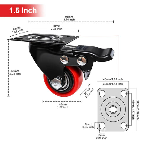 ZEGXUSW 1.5in polyurethane swivel caster with brake and mounting plate; set of 4 for carts and workbenches, heavy-duty