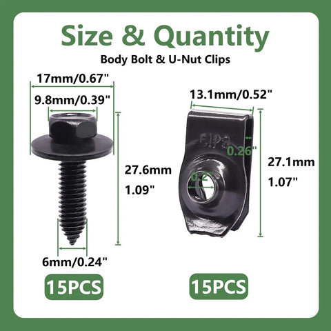 Diagram of Multipurpose Automotive Body Bolts And U Nut Clips Kit For Cars, including dimensions and quantities of 15 bolts and 15 clips.