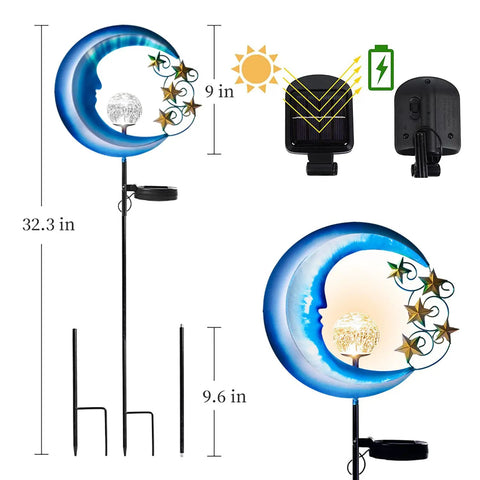 Solar Powered Outdoor Lights Moon And Star Garden Stake Decor for Pathways and Patio, showing dimensions and solar charging panel.
