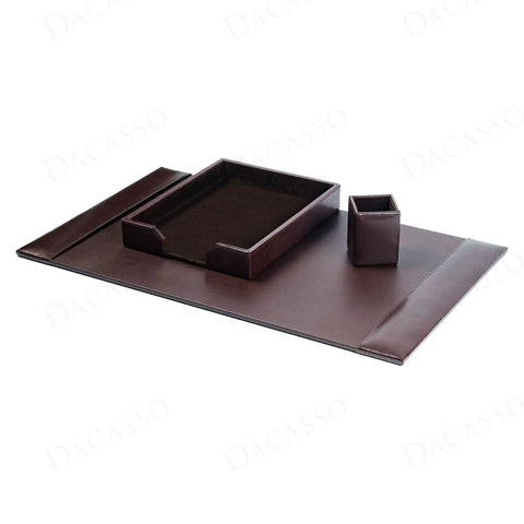 Brown Bonded Leather Desk Set With Blotter Pad And Desk Organizer For Premium Office Vibe, Boss Level Organization, Surface Protection, And Executive Decor