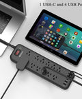 Power Strip Surge Protector With 12 Outlets, 4 USB Ports, And 1 USB-C Port 5V 3A, 2360 Joules, Angled Flat Plug used with devices