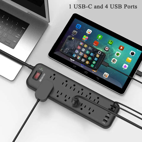 Power Strip Surge Protector With 12 Outlets, 4 USB Ports, And 1 USB-C Port 5V 3A, 2360 Joules, Angled Flat Plug used with devices