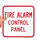 K-5834-AL-12x12 Fire Alarm Control Panel Sign Red On White Aluminum, held in hand showing size and design
