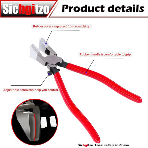 Red and black glass cutting pliers with rubber handles and adjustable screw, part of Pro Grade Oil Feed Glass Cutter Kit with 8-Inch Glass Cutting Pliers, 6-Inch Pliers, Glass Cutting Knife, Gold Glass Cutting Pen, Replacement Blades, Crosshead Screwdriver, Leather Zipper Case For Stained Glass, Mosaic, Tiles And Mirrors.