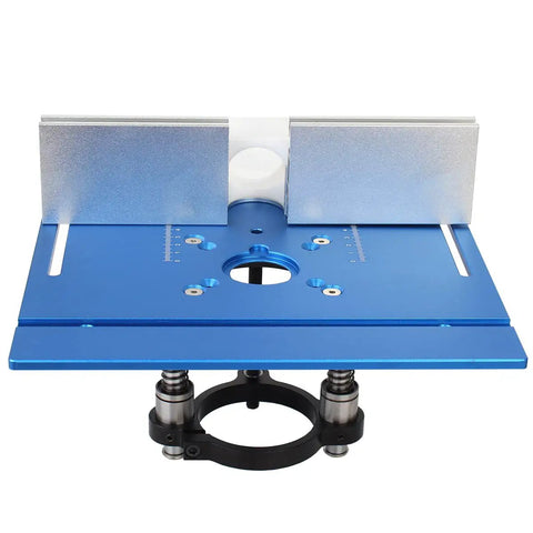 Rock Solid Aluminum Router Table Insert Plate Featuring Hella Precision Flip Mount With Integrated Miter Gauge Guide And Durable Sliding Fence Brackets For Top Shelf Woodworking Projects 9.4X7.9 Inch viewed from above, showing blue anodized surface and fence brackets.