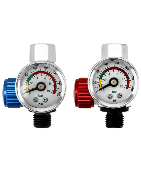 Pro Grade Air Pressure Regulator Kit With Gauge For Spray Guns And Air Tools Quarter Inch G Thread Inlet And Outlet Adjustable Valve Aluminum Body Durable And Easy To Use With Quick Connect Adapter, showing dual gauges