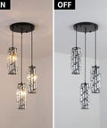 Three Light Black Crystal Pendant Lighting Fixture For Kitchen Island And Dining Room Modern Industrial Chandelier with lights on and off.