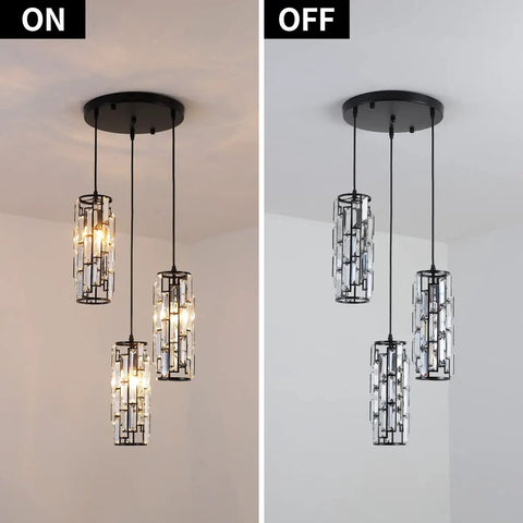 Three Light Black Crystal Pendant Lighting Fixture For Kitchen Island And Dining Room Modern Industrial Chandelier with lights on and off.