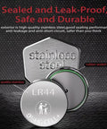 Top Shelf LR44 AG13 A76 Alkaline Button Cell Batteries 1.5V Coin Pack with stainless steel exterior and rubber sealed loop.