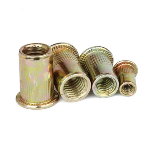 Bulk 10 Pack Flat Head Threaded Insert Nuts M3 To M12, Heavy Duty Zinc Plated Steel Rivet Nuts group of sizes displayed.