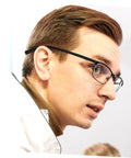 Close-up side view of man wearing glasses with black metal frames using Two Pairs Metal Eyeglass Temple Replacement Arms Kit For Fast Easy Repairs.