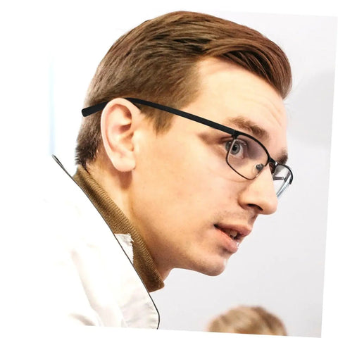 Close-up side view of man wearing glasses with black metal frames using Two Pairs Metal Eyeglass Temple Replacement Arms Kit For Fast Easy Repairs.
