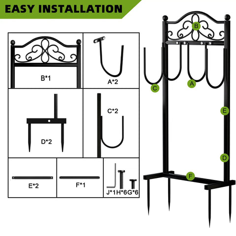 Components and assembly of Built Tough Heavy Duty Garden Hose Holder With Four Stabilizing Spikes Freestanding Metal Hose Stand For Up To 100 Ft Of Hose Yard Lawn And Outdoor Garden Black in detail diagram.
