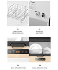Smart Portable Countertop Dishwasher With Automatic Disinfect Cycle For Killer Kitchen Results showing stainless steel bowl rack and operation panel.