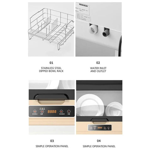 Gold Portable Countertop Dishwasher Features Smart Auto Wash Plus Bacteria Killing Disinfection And Sterilization Power depicts stainless steel bowl rack and water inlet.