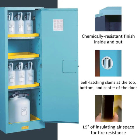 Heavy Duty Acid Corrosive Storage Cabinet Built Tough For Lab Techs Built To Last With Rock Solid Chemical Shield Panels and FM Approved Fire Safety Setup for Industrial Workspace Organization with shelves and chemical containers.