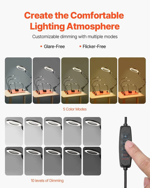 Magnetic Helping Hands Soldering Station 2 In 1 With 3X LED Magnifying Lamp dimming control and lighting modes shown