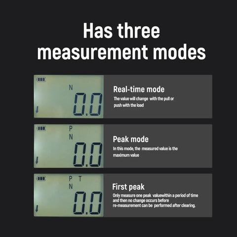 Digital Pro Grade Force Gauge Push and Pull Tester 500N Max With Four Units N Kg Lb Oz Auto Backlight And Buzzer Alarm 1 Percent Accuracy Real Time Peak First Peak Modes Built For Real World Use display of three measurement modes