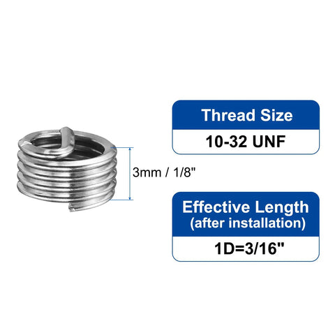 Wire Thread Inserts 10-32 UNF Helical Coiled Type 304 Stainless Steel Thread Repair Kit For Mechanical Equipment 50 Pack 1D 3/16 Inch Effective Length After Installation