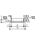 Schematic diagram showing dimensions of metal and wood studs with a drywall access panel for Top Shelf 18 Gauge Steel Drywall Access Door Panel.