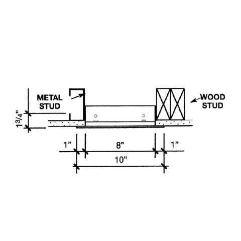 Schematic diagram showing dimensions of metal and wood studs with a drywall access panel for Top Shelf 18 Gauge Steel Drywall Access Door Panel.