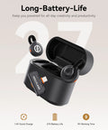 Lark M2S Wireless Microphone Bundle For iPhone Camera Android And PC with open charging case showcasing earbuds and long battery life.